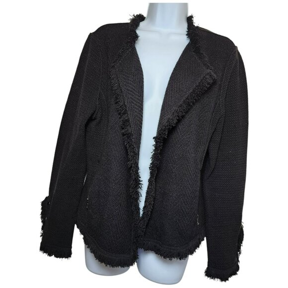 Nic + Zoe Womens Jacket L Black Fringe Open Front Knit Zip Pocket Long Sleeve - Picture 2 of 9